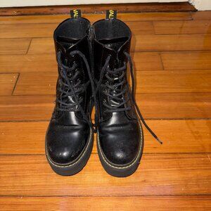 Catwalk Chunky Black Combat Boots – Lace-Up with Side Zips Yellow Stitch Detail